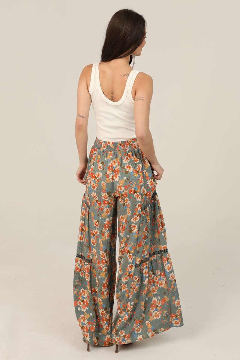 FLORAL PRINT PANTS WITH LACE INSERTS