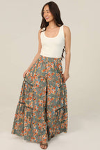 FLORAL PRINT PANTS WITH LACE INSERTS