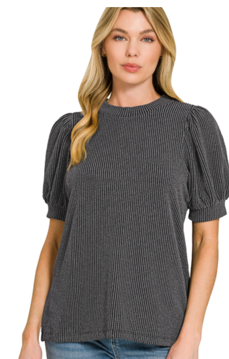 Puff Sleeve Ribbed Top