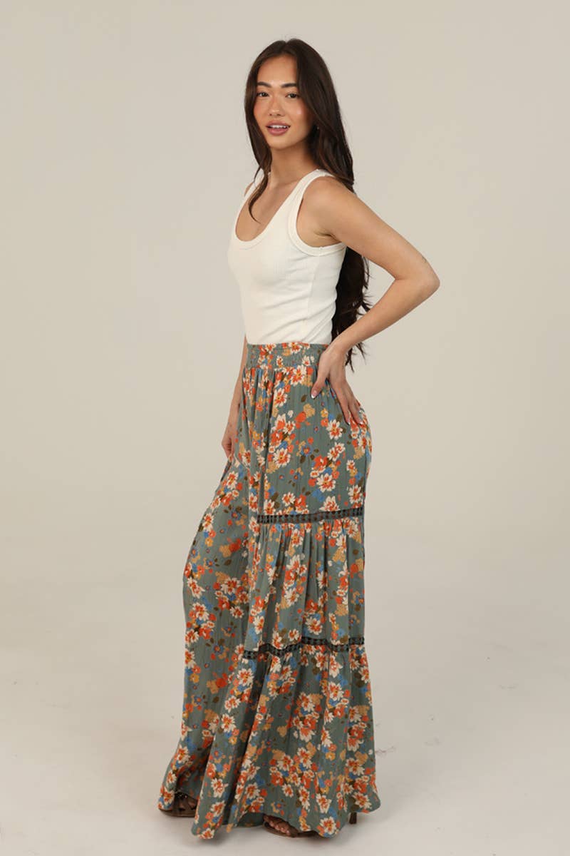 FLORAL PRINT PANTS WITH LACE INSERTS